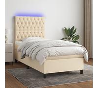 WDGJJFECNMUEHI Tissu Respirant LED intégrée Tête réglable 90x190 cm Crème | Cadre Sommier Matelas Lit 90x190 LED Tissu Crème avec Tête Réglable Ressorts Ensachés
