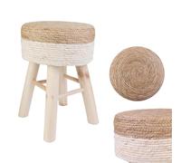WDMT Tabouret rond en toile de jute - 30 cm de diamètre - 42 cm de hauteur - Pieds en bois naturel - Design bicolore marron et blanc - Style bohème