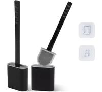 WE ART LEAVES Brosse Toilettes WC Silicone avec Support - Brosse WC Silicone Plate, sous Le Rebord - Brosse WC Murale sans Perçage - Rinçable, sans Gouttes - Porte Brosse WC Suspendu, Lot de 2, Noir
