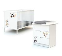 WEBABY - Duo Lit Bébé et Commode Panda Blanc ALBA| Lit 60x120 | Sommier réglable 3 hauteurs | Commode à langer 3 tiroirs | Plan à langer amovible inclus