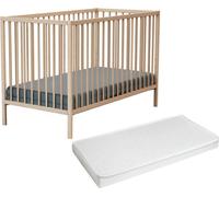 WEBABY - Lit bébé avec matelas 60x120cm Hêtre Brut ONE | Bois massif | Dès la naissance | Confort de sommeil | Sommier à lattes | Lit à barreaux |Sommier réglable 3 hauteurs