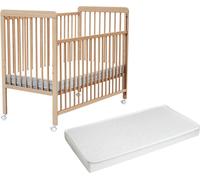 WEBABY - Lit bébé coulissant en bois avec matelas LIVO Hêtre Verni 60 x 120 cm| Sommier réglable 3 hauteurs |4 roues multidirectionnelles avec frein