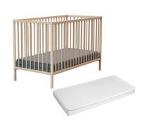 WEBABY - Lit bébé en bois avec matelas 60 x 120 cm | 124 x 64,5 x 82 cm | Lit en bois avec sommier réglable 3 niveaux (Beige)