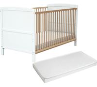 AT4 - Lit bébé évolutif en bois avec matelas LUNA Blanc et Hêtre Verni 70 x 140 cm | Sommier à lattes réglable 3 hauteurs | Transformable en lit junior
