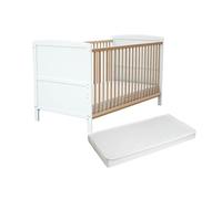 AT4 - Lit bébé évolutif en bois avec matelas LUNA Blanc et Hêtre Verni 70 x 140 cm | Sommier à lattes réglable 3 hauteurs | Transformable en lit junior