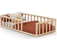 WEBABY - Lit enfant au sol bois 70 x 140 cm Hêtre Brut KAÏA | Avec barrières anti-chutes | Lit junior | Sommier à lattes inclus | Autonomie | Sécurité