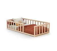WEBABY - Lit Enfant au Sol Bois 70 x 140 cm KAÏA | avec barrières Anti-Chutes | Lit Junior | Sommier à Lattes Inclus | Autonomie | Sécurité (Beige, Lit de bébé)