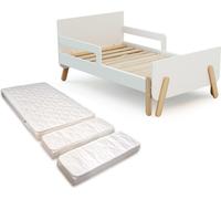 WEBABY - Lit enfant extensible en bois 80x140-165-190 PIRATE avec matelas - Blanc, Lit évolutif, transformable avec 3 longueurs, Sommier à lattes, barrières anti-chutes, compact