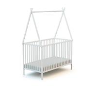 WEBABY - Lit tipi 60x120 en bois avec toit Blanc| Bois massif | Dès la naissance | Sommier à lattes inclus | Lit à barreaux |Sommier réglable 3 hauteurs