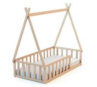 WEBABY - Lit tipi enfant au sol en bois 70 x 140 cm Hêtre brut