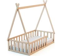WEBABY - Lit tipi enfant au sol en bois 70 x 140 cm Hêtre brut | Avec barrières de protection anti-chutes | Lit Enfant | Sommier à lattes inclus | Autonomie | Bois massif | Tente | Cabane