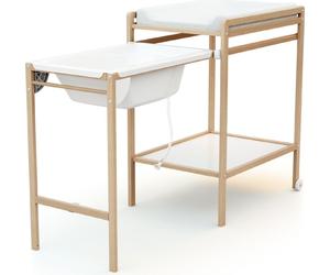 WEBABY - Table à langer avec baignoire ESSENTIEL Hêtre laqué | Dimensions déplié (L x l x H) : 148 x 58 x 94 cm | Dimensions replié (L x l x H) : 76 x 58 x 94 cm | Table avec roulettes | Avec tuyau d'