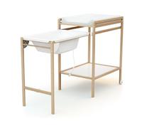 WEBABY - Table à langer avec baignoire LILO en bois de hêtre verni | Dimensions dépliée (L x l x h) : 148 x 58 x 94 cm | Dimensions pliée (L x l x H) : 76 x 58 x 94 cm | avec roulettes | avec tuyau