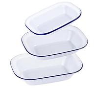 webake Lot de 3 Plat à Rôtir en émail Traditionnel Rectangulaire Anti-adhésive en Céramique pour Rôtir les Plats à Gâteau - Blanc Massif avec Rim Bleu