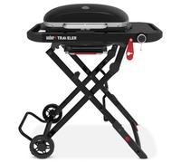 Weber Traveler Compact barbecue à gaz/design pliable et portable avec roues, verrouillage automatique du couvercle et thermomètre intégré, 1 brûleur, surface de cuisson 52 x 36 cm, noir