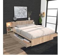 WEBER INDUSTRIES Lit City 140x190 avec tête de lit étagère et tiroir sur roulettes Chêne Blanchi