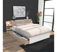 WEBER INDUSTRIES Lit City 140x190 + tête de lit Chevet + 1 tiroir/Décor Blanc & chêne Blanchi