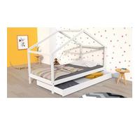 WEBER Lit cabane enfant avec tiroir - Bois pin massif - Blanc - Sommier inlcus - 90x190cm - KOALA