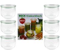 Weck 42578 Lot de 6 bocaux en verre Weck avec livre de conservation, 144 pages ; verre tulipe de 500 ml ; bord rond de 100 mm, pour conserver les stocks
