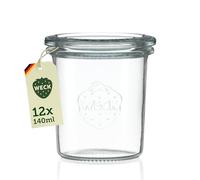 Weck Lot de 12 bocaux en verre de 140 ml avec couvercles en forme de chute - Bocaux à dessert robustes et empilables - Petits bocaux Weck parfaits pour le dessert - Fabriqués en Allemagne