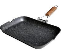 WECOOK! Ecochef Titane Poêle à Griller Induction Lisse, 34 x 24cm, Antiadhésive QUANTANIUM Écologique sans PFOA, Fonte d'Aluminium, Épaisseur 5 mm, Poignée en Bois Pliable, Vitrocéramique, Gaz
