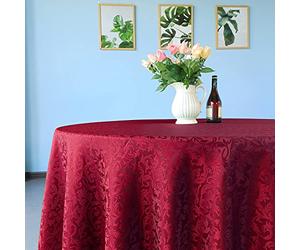 WedDecor 120" Nappe Ronde Damassée Feuilles Défilées Motif Feuilles Circulaires sans Soudure Couverture de Table en Lin pour Restaurant, Salle à Manger, Mariages et Décorations de Table, Rouge, 1pc