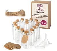 WeddingTree 15 x Petite Bouteille en Verre 18ml - Tube a Essai pour Les Mariages - Petite Fiole en Verre - Set avec Liège et Pendentif en Forme de Coeur - comme Cadeau de Cariage, Bocal à Épices