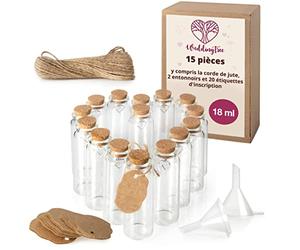 WeddingTree 15 x Petite Bouteille en Verre 18ml - Tube a Essai pour Les Mariages - Petite Fiole en Verre - Set avec Liège et Pendentif en Forme de Coeur - comme Cadeau de Cariage, Bocal à Épices