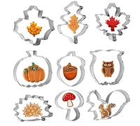 Wednok - Lot de 9 emporte-pièces pour l'automne - En acier inoxydable - Avec feuille d'érable - Feuille de chêne - Écureuil - Hérisson - Citrouille - Pour biscuits, fondants