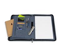 WEDO® Classeur à anneaux A4 en denim, 2 anneaux, avec fermeture éclair, couleur : bleu, 3 emplacements pour cartes, 2 emplacements pour stylos avec élastique, reliure à anneaux amovible, grand
