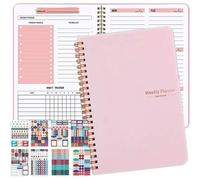 Weekly Planner Semainier Planificateur Planning Hebdomadaire Agenda Non Daté A5 Spirale Planificateur De 52 Semaines Bloc De Liste De Tâches Carnet De Notes Bloc-Notes Agenda Quotidien(Rose)