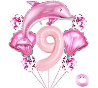 Weenkeey 9 ans dauphin anniversaire ballon dauphin géant aluminium feuille ballon 9 ans polyester film ballon animaux marins thème de l'océan fête ballon fille anniversaire décoration - Rose