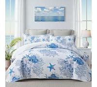weesire Parure de lit côtière avec 2 taies d'oreiller, Parure de lit Nautique, Couvre-lit d'été, Motif océan et étoile de mer, 243,8 x 279,2 cm