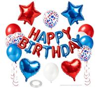 WEIKA Lot de 27 ballons d'anniversaire avec bannière « Happy Birthday » en aluminium 3D en forme de cœur de 45,7 cm - Ballons pentagramme confettis 30,5 cm (rouge, blanc, bleu)