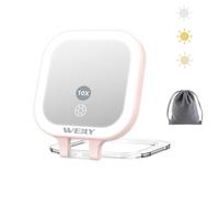 WEILY Miroir de Poche Lumineux, Miroir de Voyage Double Face Grossissant 1X/10x, avec 3 Lumières de Couleur et Rechargeable par USB, Miroir à Main Portable pour Le Maquillage (Rose)