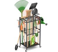 WELDUN Chariot d'outils de jardin pour 35 outils à manche long, 4 roulettes | Acier, établi mobile, rangement des outils, garage ou abri, déplacement facile