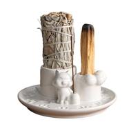 Welhammsae 4 en 1 Porte-Encens Palo Santo, Brûleur D'encens en Céramique Fait Main, Porte Palo Santo pour Bois Sacré, Sauge, Bâtonnet D'encens, Brûleur D'encens pour Le Yoga et la Méditation, Blanc
