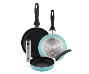 Well Home Lot de 3 poêles Ø 16 Ø 20 Ø 24 cm Aluminium pressé Bleu mat + Pulvérisateur d'huile et vinaigre Ø 4 x 17,5 cm en acier inoxydable