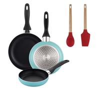 Well Home Lot de 3 poêles Ø16 Ø 20 Ø 24 cm en aluminium pressé en bleu mat + lot de 2 ustensiles de cuisine en silicone