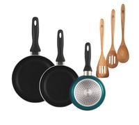 Well Home Lot de 3 poêles Ø16 Ø 20 Ø 24 cm en aluminium pressé en bleu métallisé + set 3 ustensiles de cuisine acacia