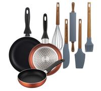 Well Home Lot de 3 poêles Ø16 Ø 20 Ø 24 cm en aluminium pressé en cuivre métallisé + set de 5 ustensiles de cuisine en silicone et bois d'acacia