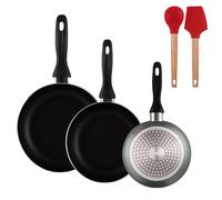 Well Home Lot de 3 poêles Ø16 Ø 20 Ø 24 cm en aluminium pressé en gris métallisé + lot de 2 ustensiles de cuisine en silicone