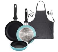 Well Home Lot de 3 poêles Ø16Ø20Ø24 cm en aluminium pressé bleu mat + tablier de cuisine gris foncé 100% coton 75 x 80 cm
