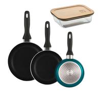 Well Home Lot de 3 poêles Ø16Ø20Ø24 cm en aluminium pressé en bleu métallisé + Hermétique de 650 ml en verre borosilicate