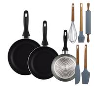 Well Home Lot de 3 poêles Ø16Ø20Ø24 cm en aluminium pressé en gris métallisé + set de 5 ustensiles de cuisine en silicone et bois d'acacia