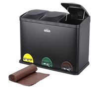 WELL HOME MOBILIARIO & DECORACIÓN Poubelle de recyclage noire 45 l 3 compartiments + rouleau de 20 sacs poubelle à fermeture automatique de 20 l