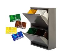 WELL HOME MOBILIARIO & DECORACIÓN Poubelle et recyclage métallique avec 4 compartiments + 4 étiquettes magnétiques, 4 x 17 l (68 L) Gris brillant