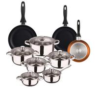Well Home Set de batterie de cuisine de 12 pièces en acier inoxydable + 3 poêles Ø16Ø20Ø24cm Cuivre métallisé en aluminium pressé