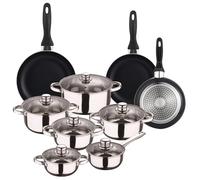 Well Home Set de batterie de cuisine de 12 pièces en acier inoxydable + 3 poêles Ø16Ø20Ø24cm Noir en aluminium pressé