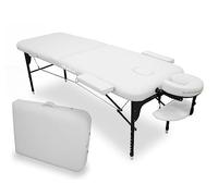 WELLCORE - Table Pliante en Aluminium, 185 x 65 cm, Similicuir, Hauteur réglable, Tête articulée, Trou du Visage, Bras latéraux, Blanc, Sac à Dos de Transport, Jusqu'à 225 kg